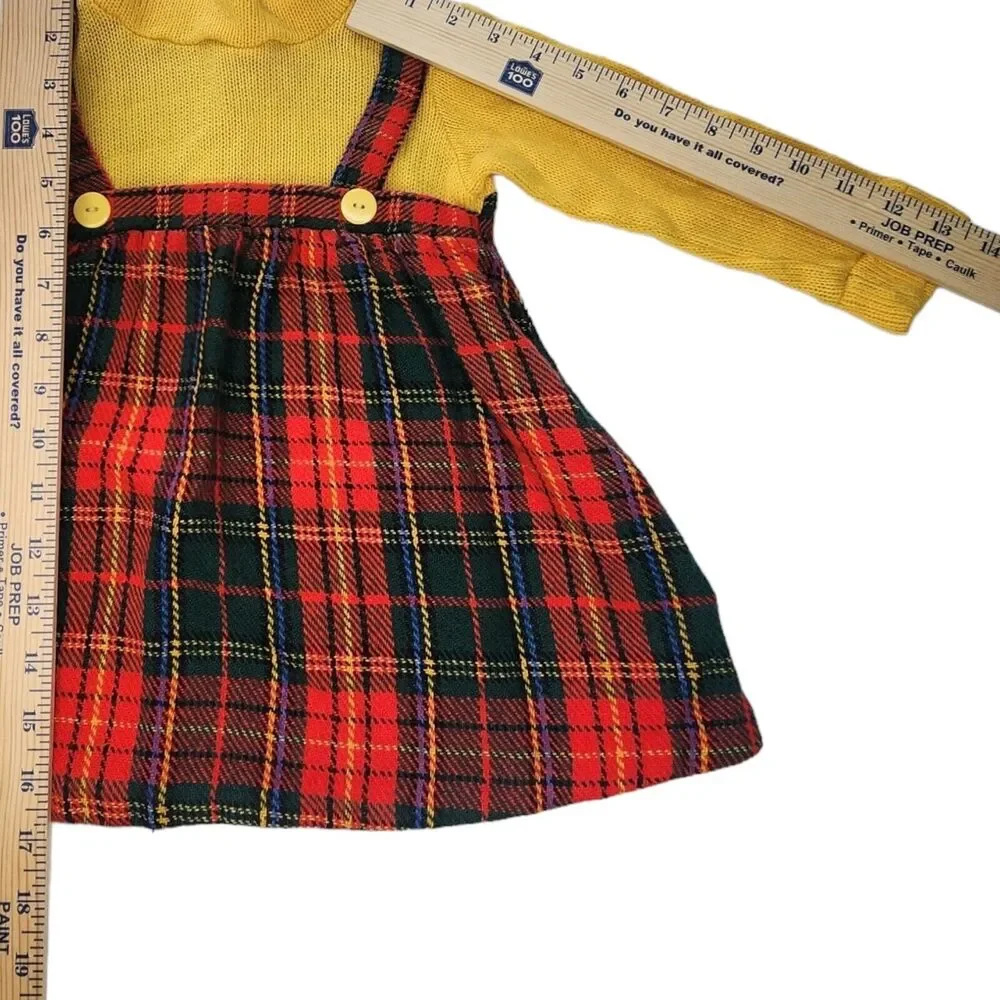 Vintage Plaid Jumper Dress Size 4 Yellow Red Blue One Piece Long Sleeve